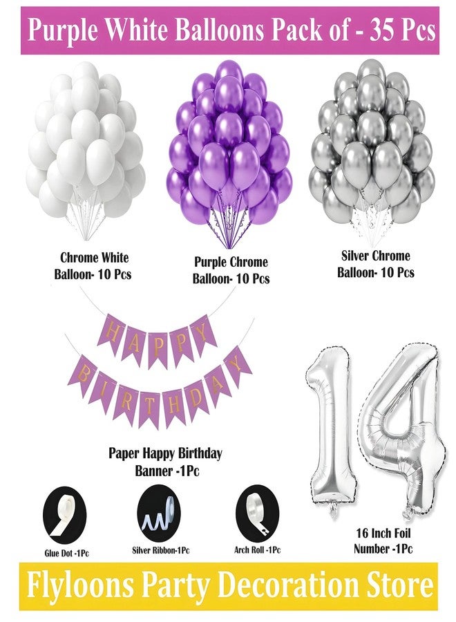 Flyloons مجموعة زينة عيد الميلاد الرابع عشر من فلاي لونز، بتصميم أرجواني وأبيض للأولاد والبنات | 30 بالونًا باللون الأرجواني والأبيض والفضي | لافتة عيد ميلاد سعيد باللون الأرجواني | شريط قوس | نقاط لاصقة - Image 2